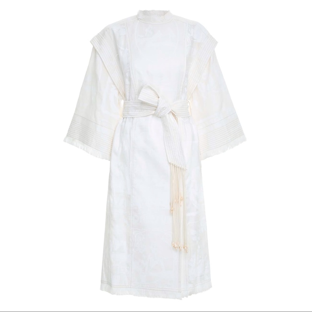 ZIMMERMANN BRIGHTSIDE FRINGED BELTED PRINTED LINEN COAT IN OFF-WHITE